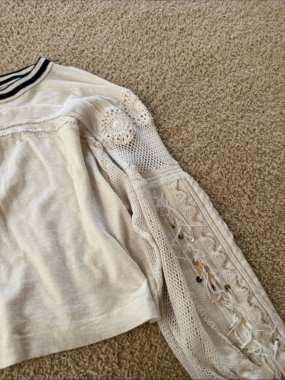 Free People Cream Knit Pullover with Crochet Lace Balloon Sleeves